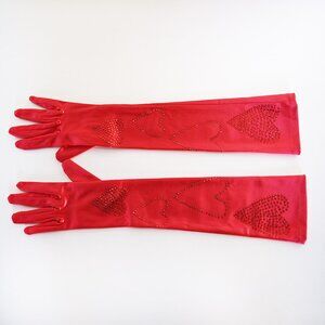Red Extra Long Satin Gloves with Rhinestones